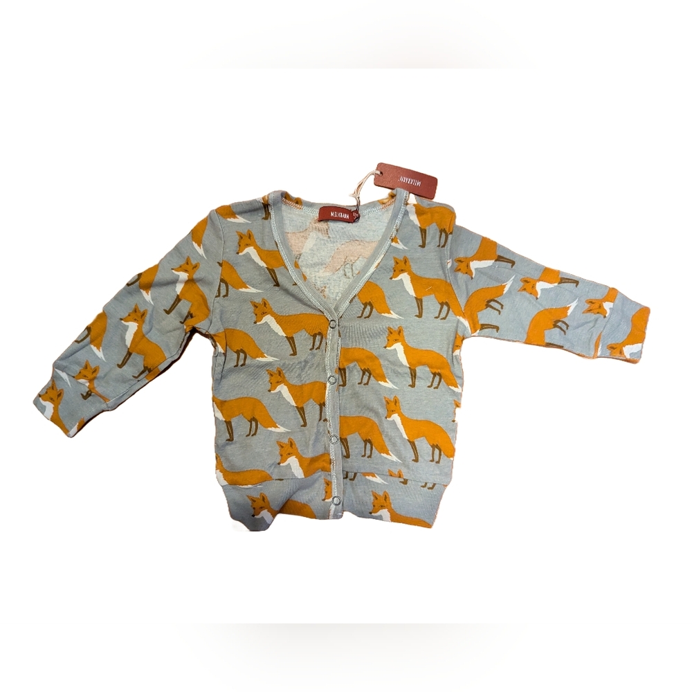 NEW WITH TAGS: Milkbarn Gray & Orange Fox Snap-Up Cardigan, organic- 6-12 months
